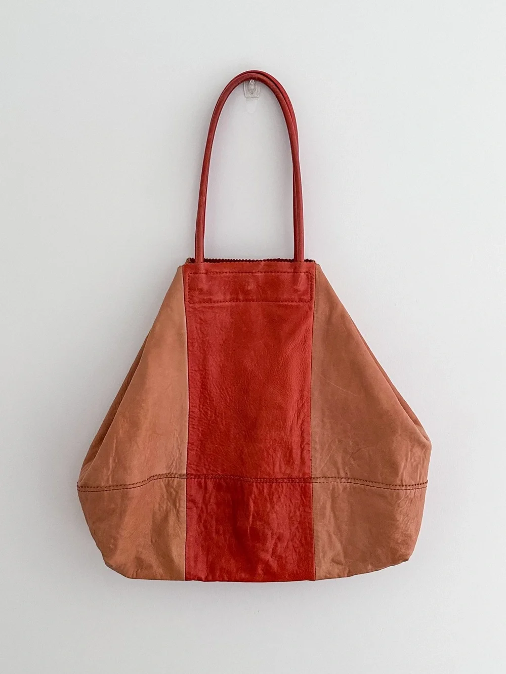Banana Republic Leather Tote Color Block Tan & Red Patchwork Shoulder Bag - Picture 2 of 15
